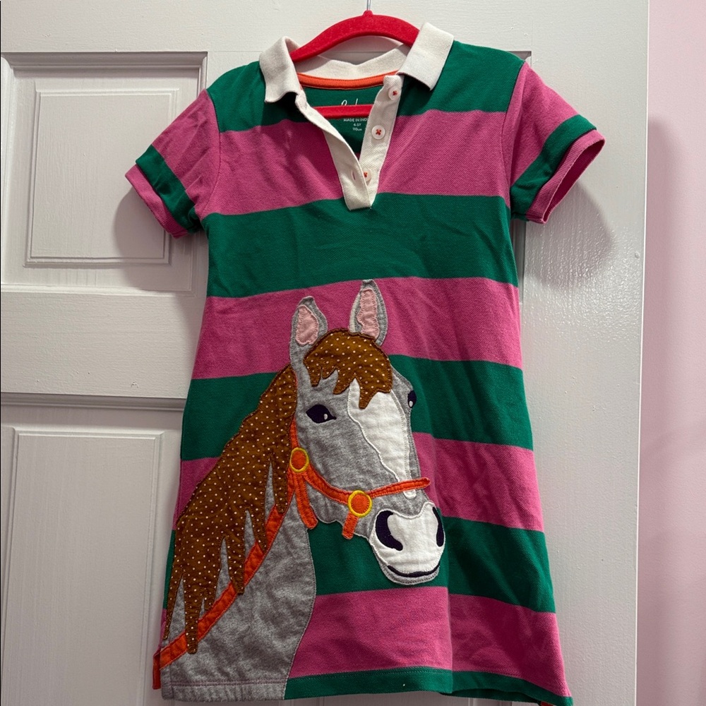 Mini Boden Striped Polo Dress with Horse Design